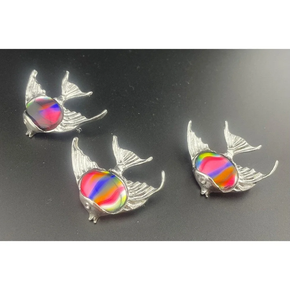 Lot of 9 Silver Tone‎ Fish Brooch Components Rainbow Art Glass Designer Ready